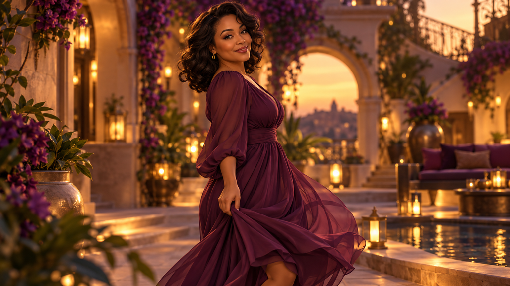 Women in a flowing burgundy dress in a warmly illuminated courtyard, promotional artwork for Honey Bun. 